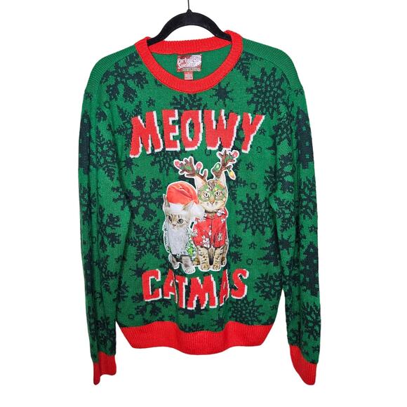 Ugly Christmas Sweater Meowy Catmas Party Sweater Dec. 25th Green Red Sz Large - Picture 1 of 10